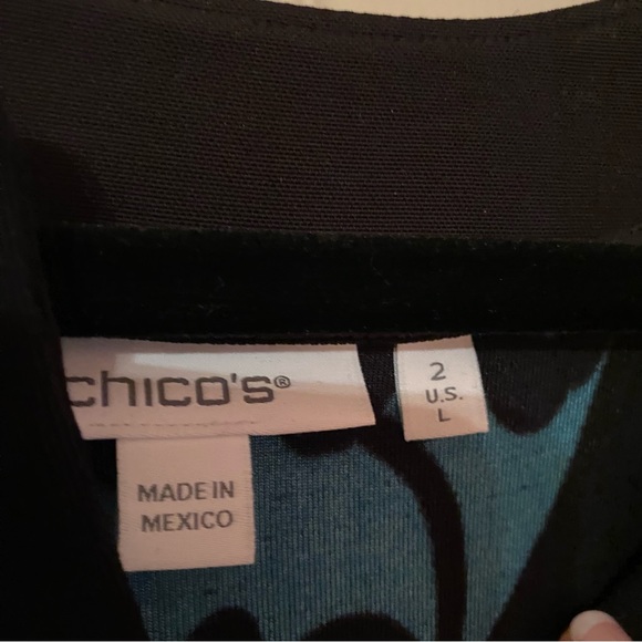 Chico’s Travelers Tunic size 2 (12/14) Foliage Tales Kurta 3/4 top Black Teal - Picture 9 of 13